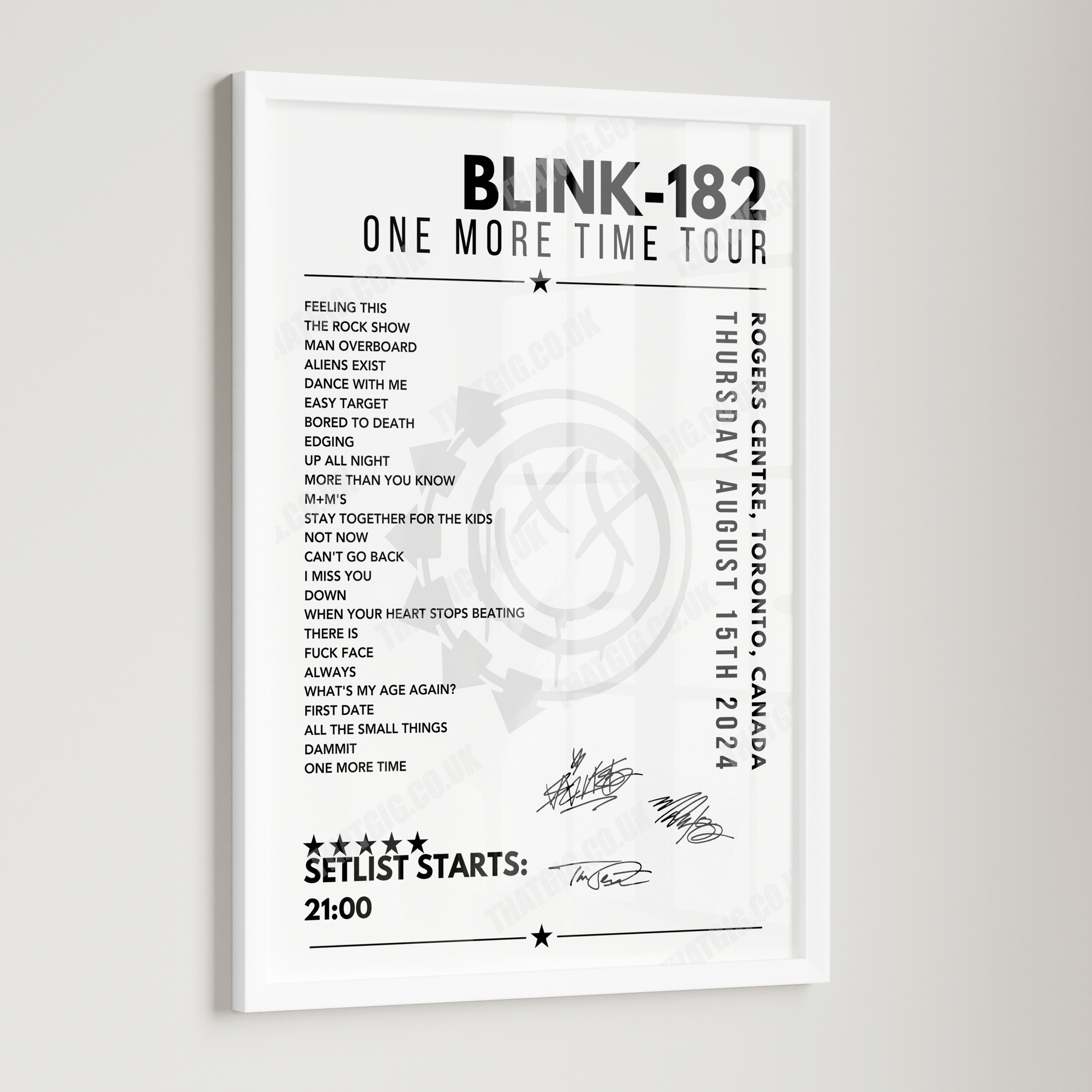 Blink-182 Setlist Poster - Rogers Centre, Toronto - August 15th, 2024