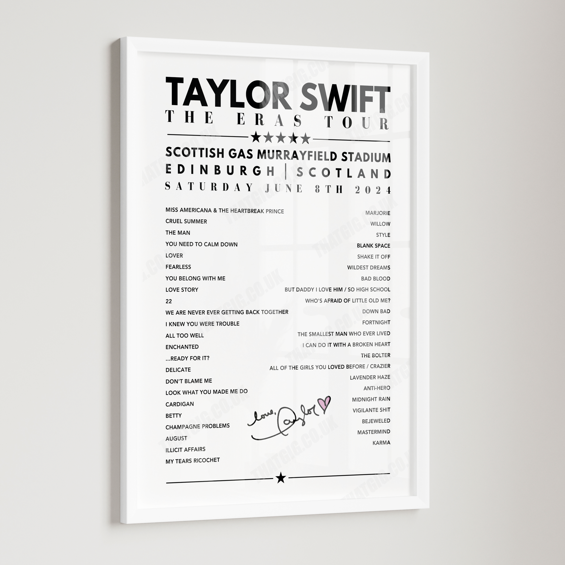 Taylor Swift Setlist Poster - Scottish Gas Murrayfield Stadium, Edinburgh - June 8th, 2024