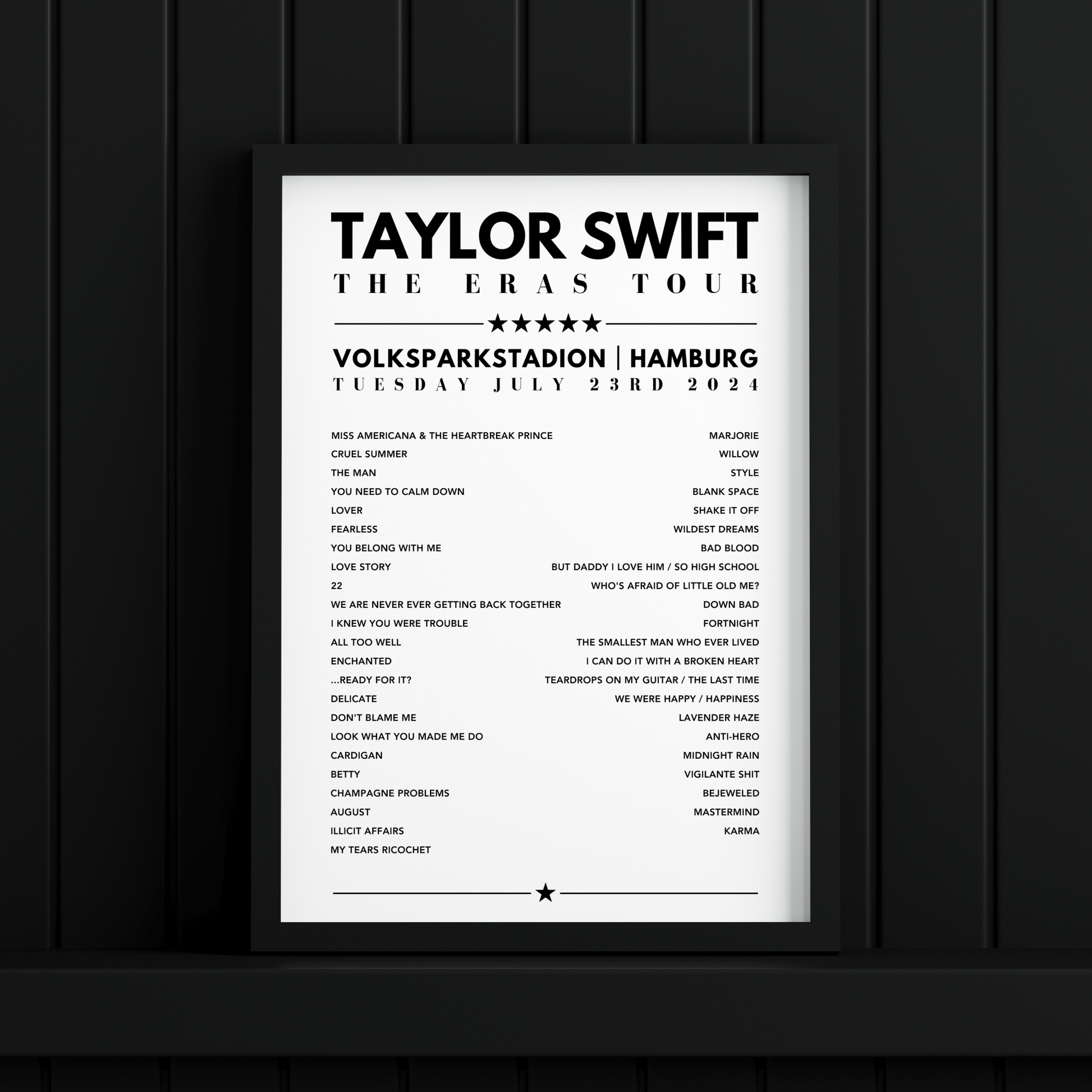 Taylor Swift Setlist Poster - Volksparkstadion, Hamburg, Germany on July 23rd 2024