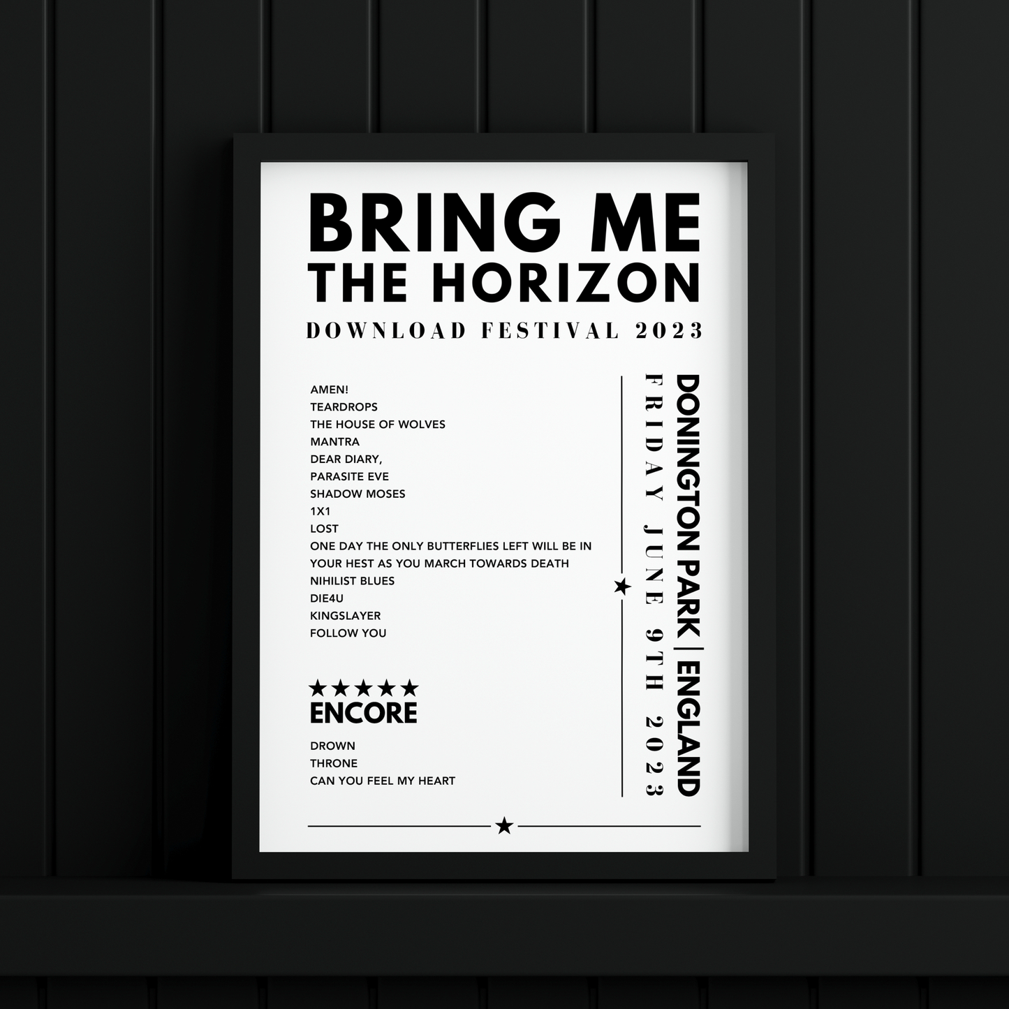 Bring Me The Horizon Setlist Poster - at Donington Park, England, June 9th, 2023