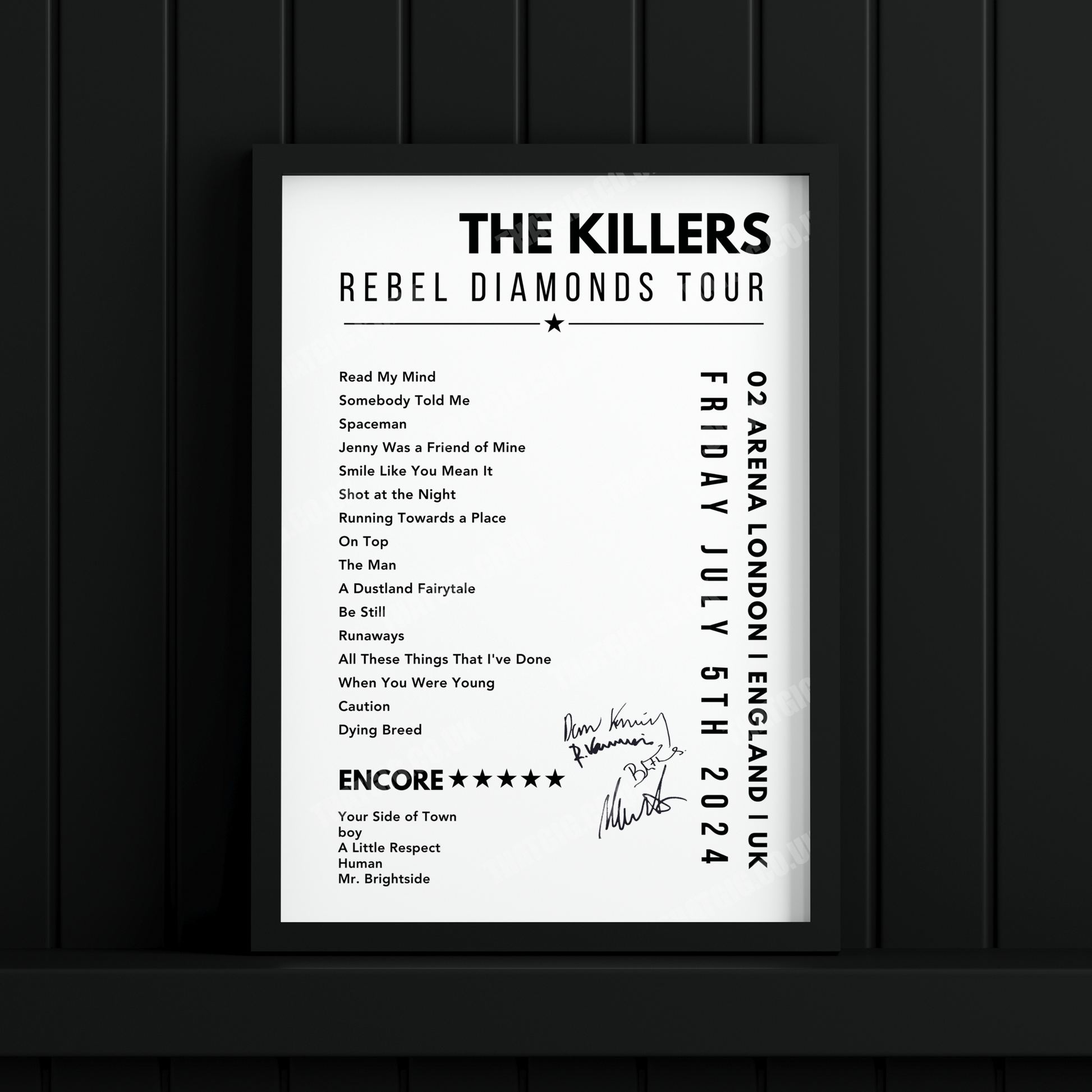 The Killers Setlist Poster - 02 Arena, London, England on July 5th, 2024