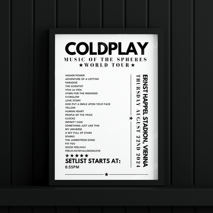 Coldplay Setlist Poster - Ernst Happel Stadion, Vienna on August 22nd 2024