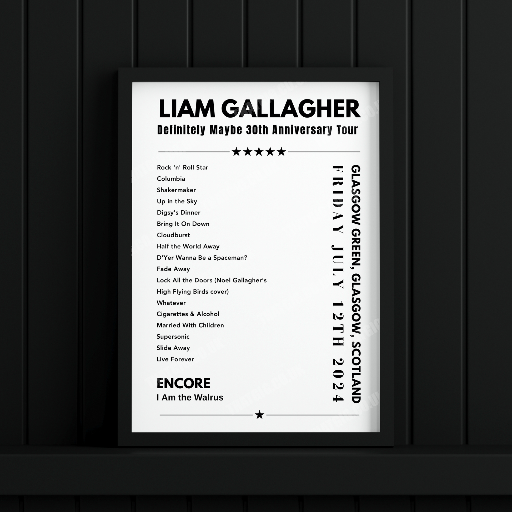 Liam Gallagher Setlist Poster - Glasgow Green, Scotland on July 12th 2024