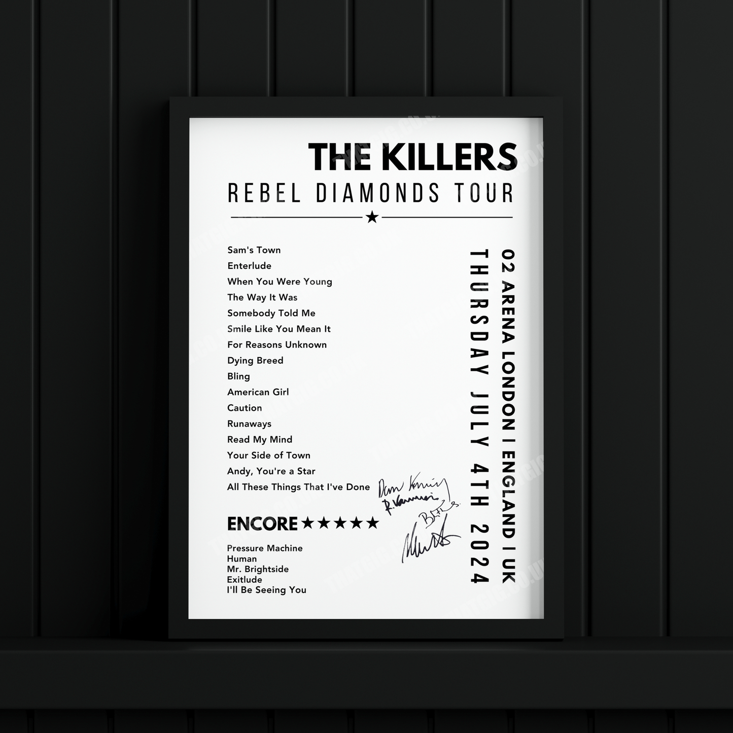 The Killers Setlist Poster - 02 Arena, London, England on July 4th, 2024