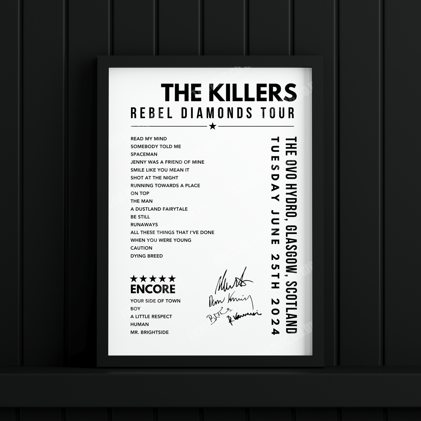 The Killers Setlist Poster - The OVO Hydro, Glasgow on June 25th, 2024