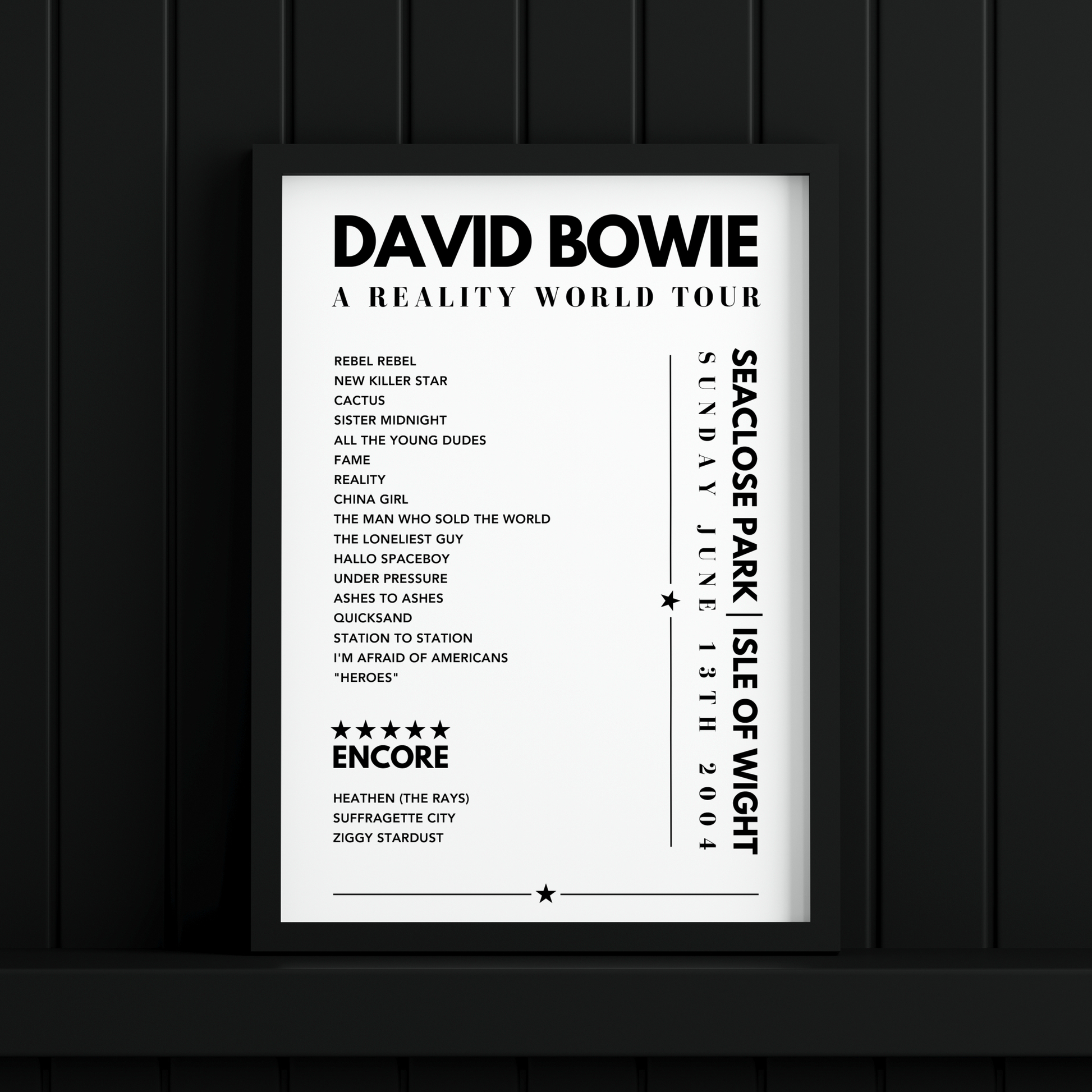 David Bowie Setlist Poster - Seaclose Park, Isle of Wight, on June 13th 2004