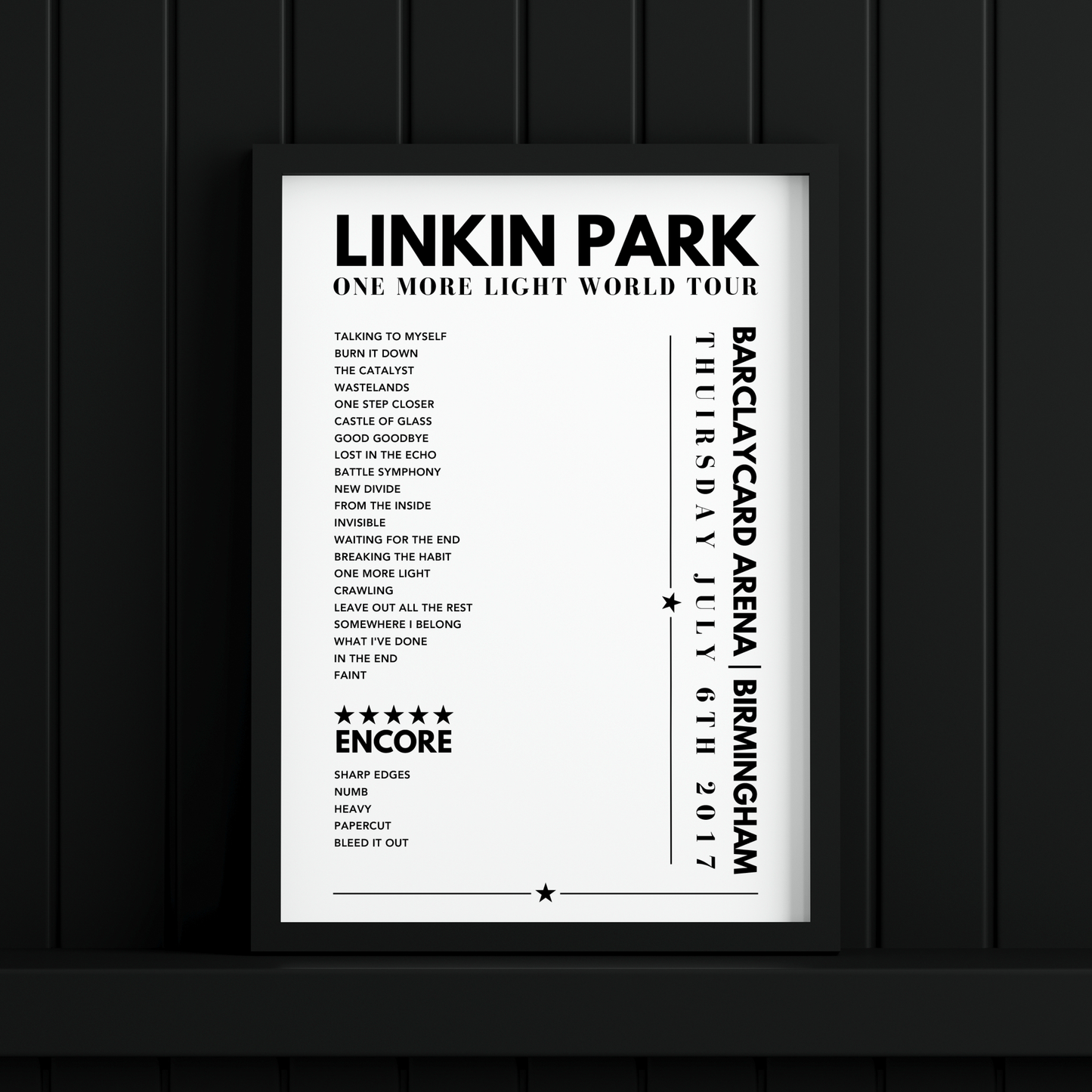 Linkin Park Setlist Poster - Barclaycard Arena, Birmingham on July 6th 2017