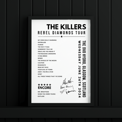 The Killers Setlist Poster - The OVO Hydro, Glasgow on June 26th, 2024