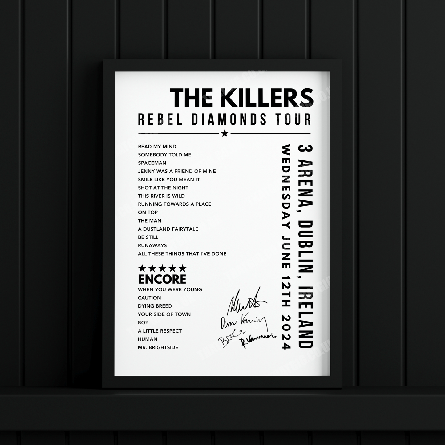 The Killers Setlist Poster - at the 3Arena, Dublin on June 12th, 2024