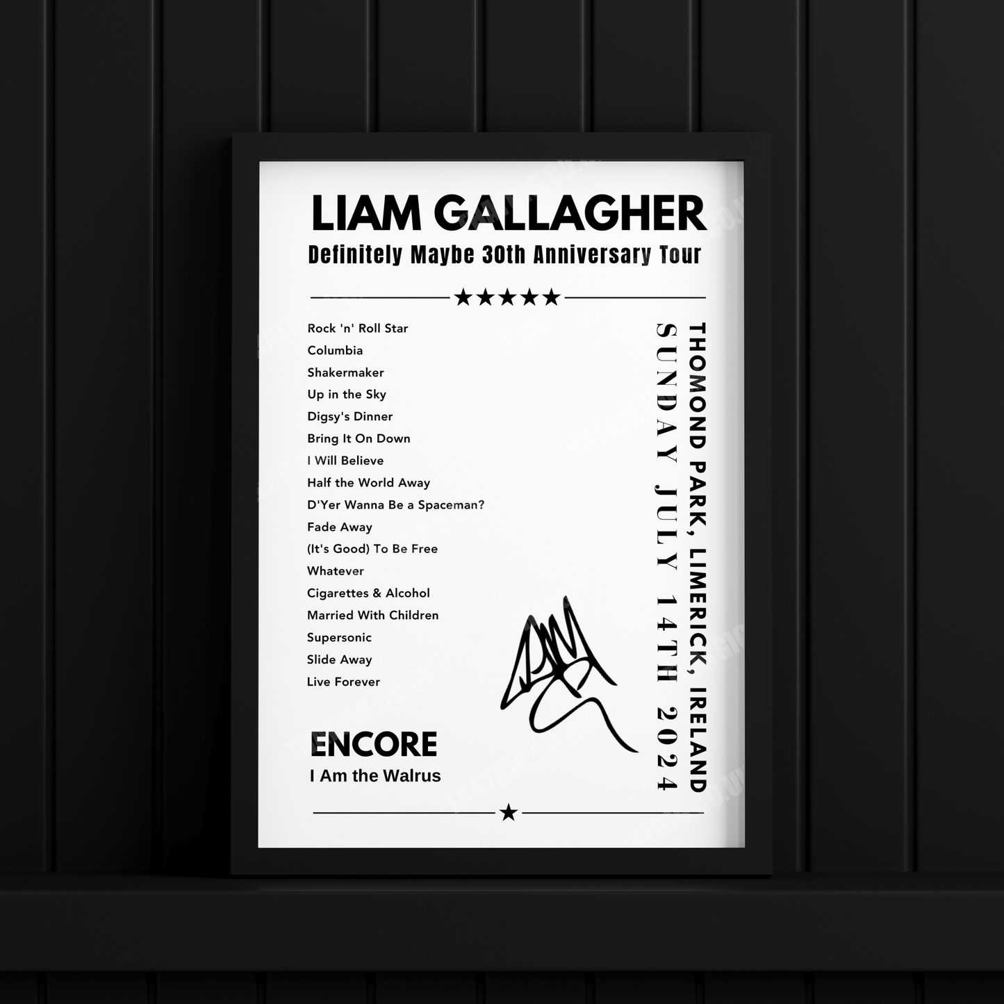 Liam Gallagher Setlist Poster - Thomond Park, Limerick on July 14th 2024