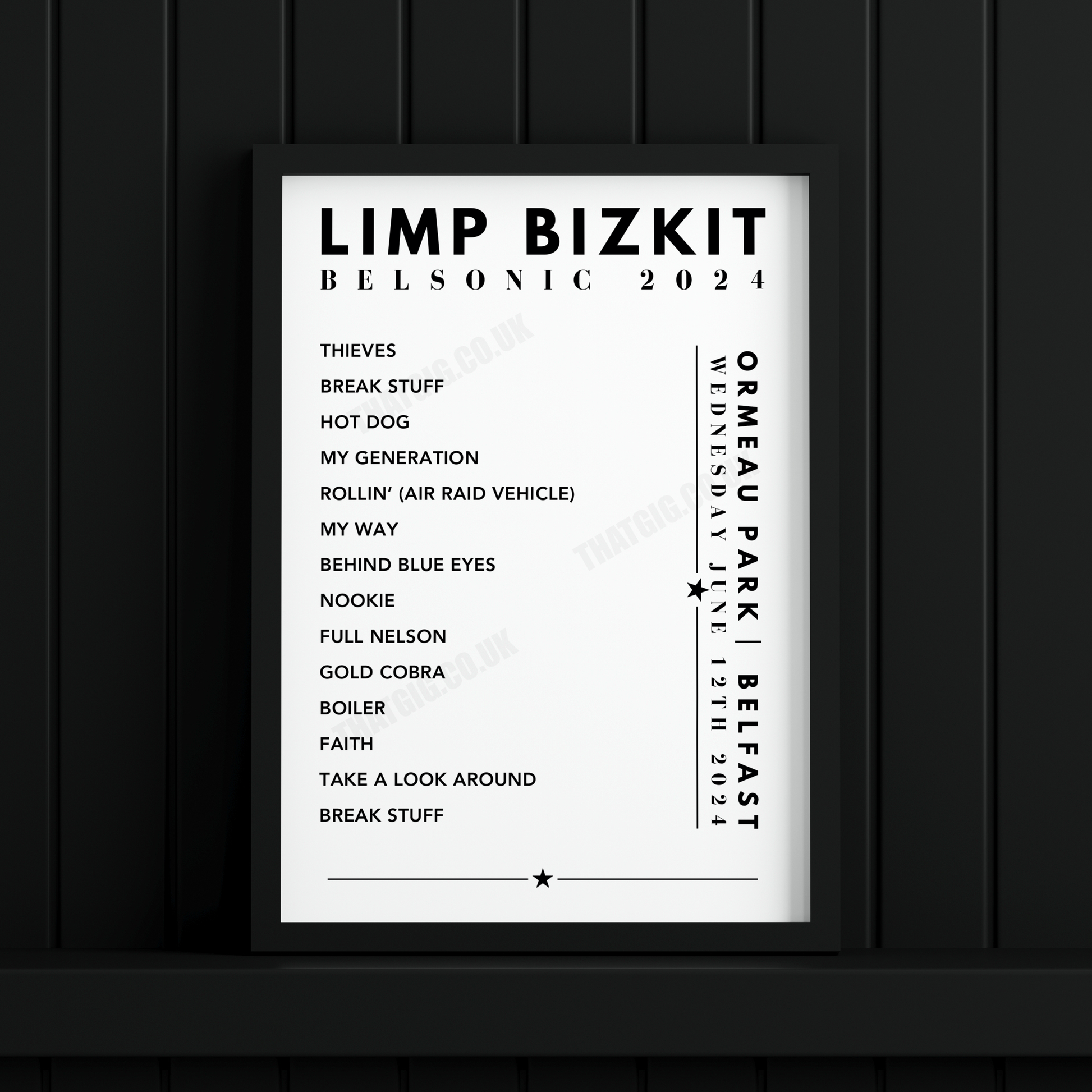 Limp Bizkit Setlist Poster - at the Orneau Park, Belfast on June 12th, 2024