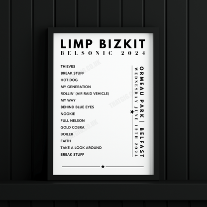 Limp Bizkit Setlist Poster - at the Orneau Park, Belfast on June 12th, 2024