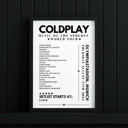 Coldplay Setlist Poster - Olympiastadion, Munich on August 17th 2024