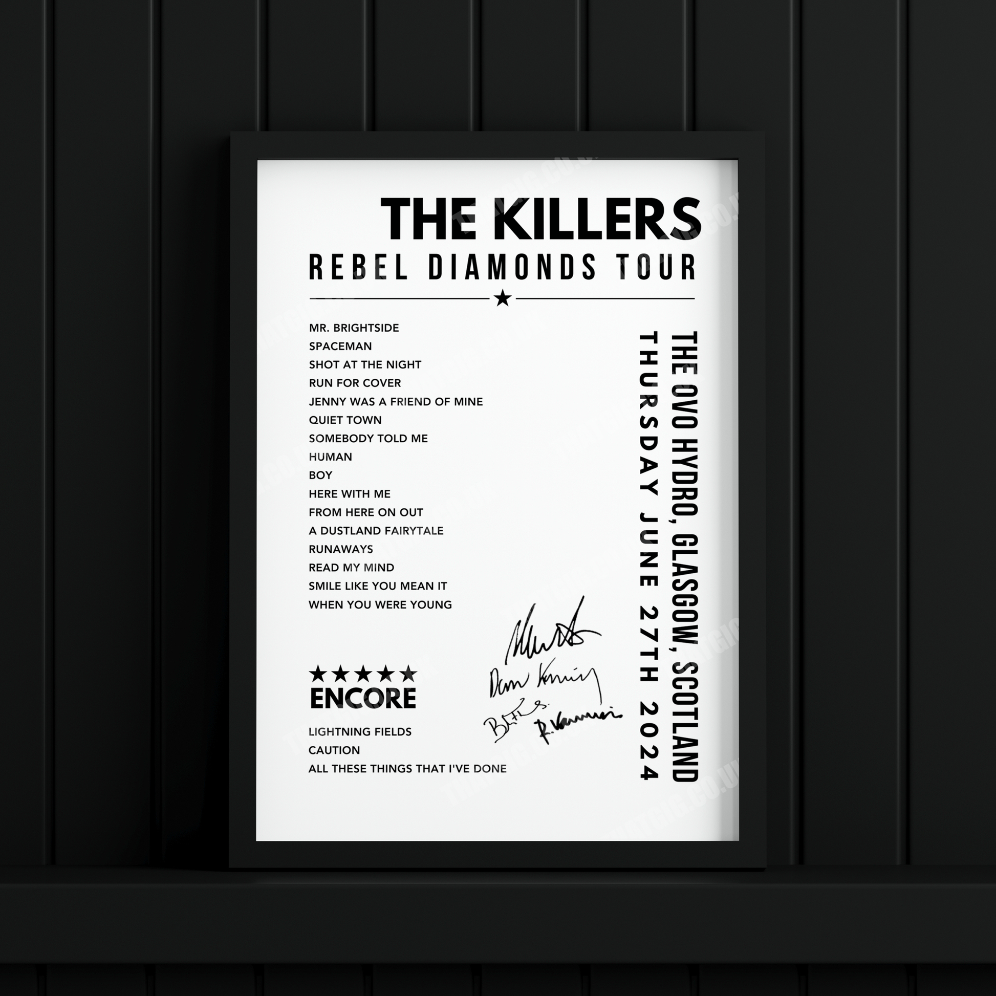 The Killers Setlist Poster - The OVO Hydro, Glasgow on June 27th, 2024