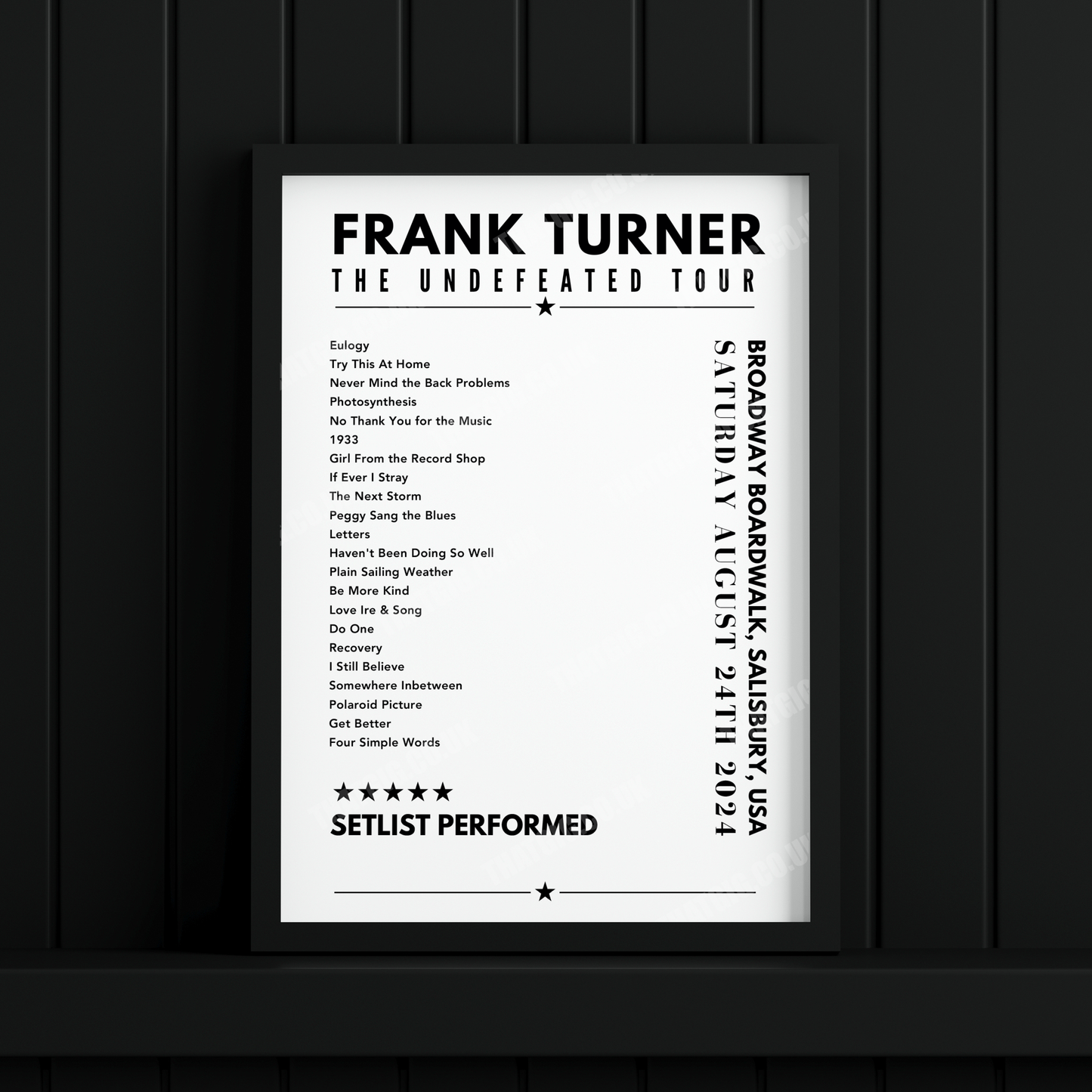 Frank Turner Setlist Poster - Broadway Boardwalk, Salisbury, MA on August 24th, 2024