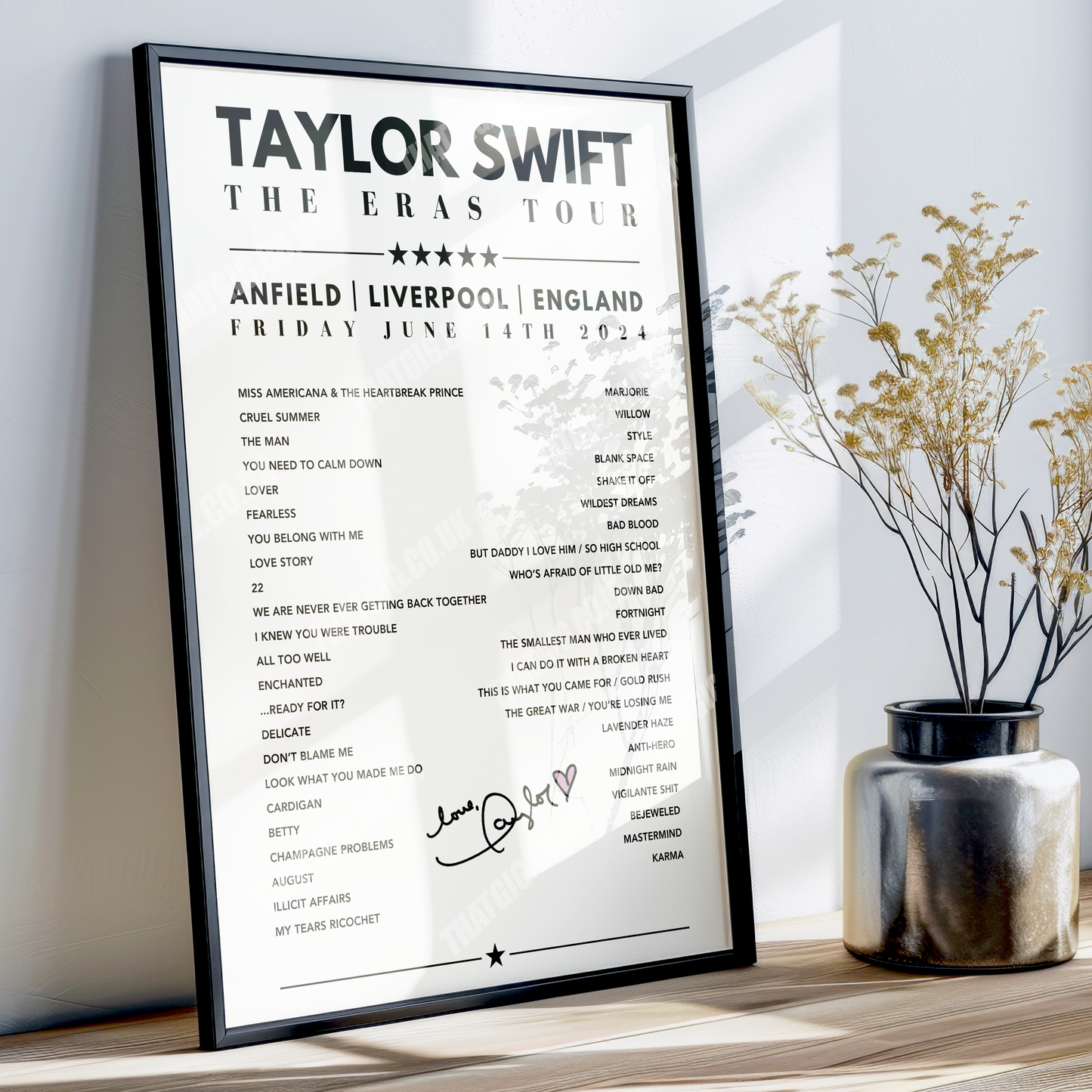 Taylor Swift Setlist Poster - Anfield, Liverpool, 14th June 2024