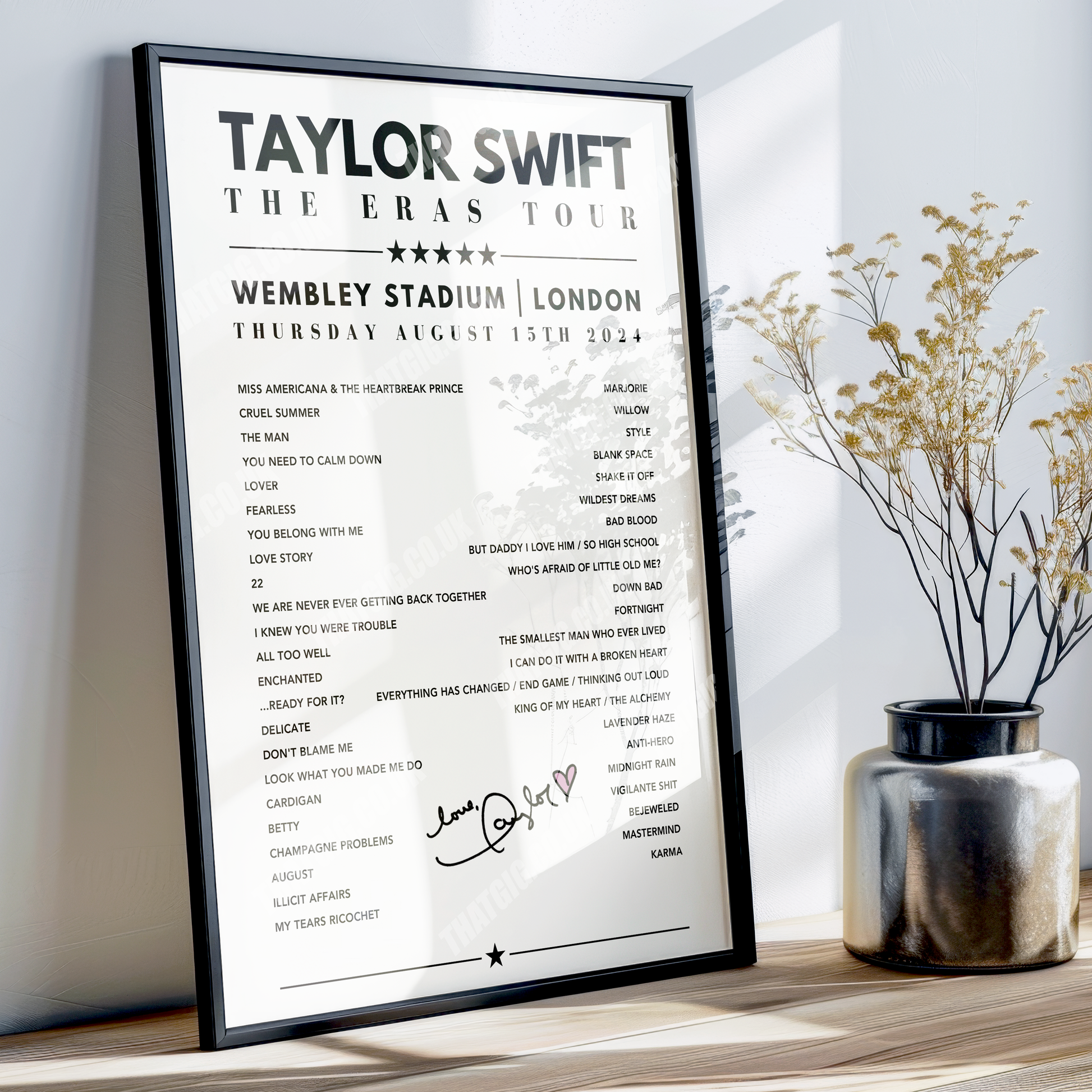 Taylor Swift Setlist Poster - Wembley, London, 15th August 2024