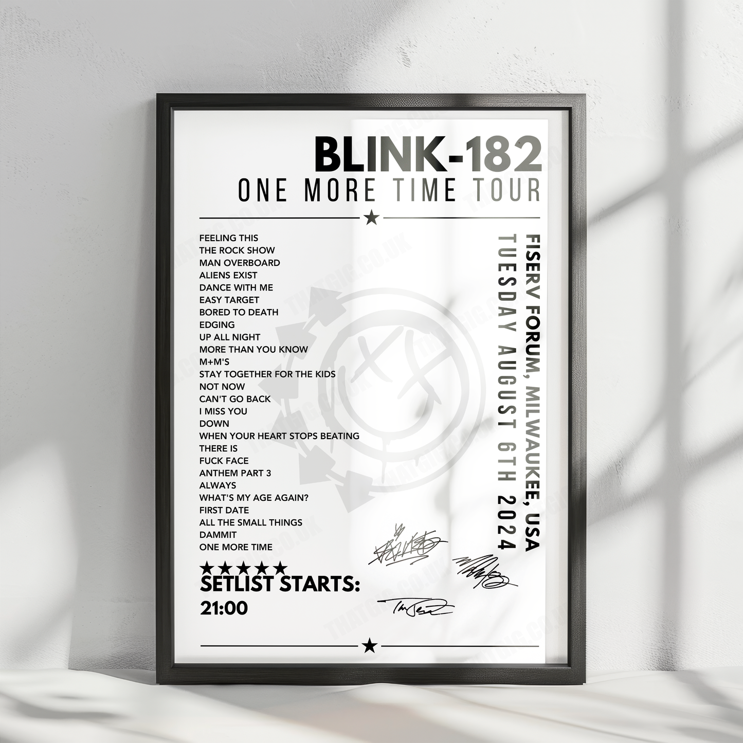 Blink-182 Setlist Poster - Fiserv Forum, Milwaukee - August 6th 2024