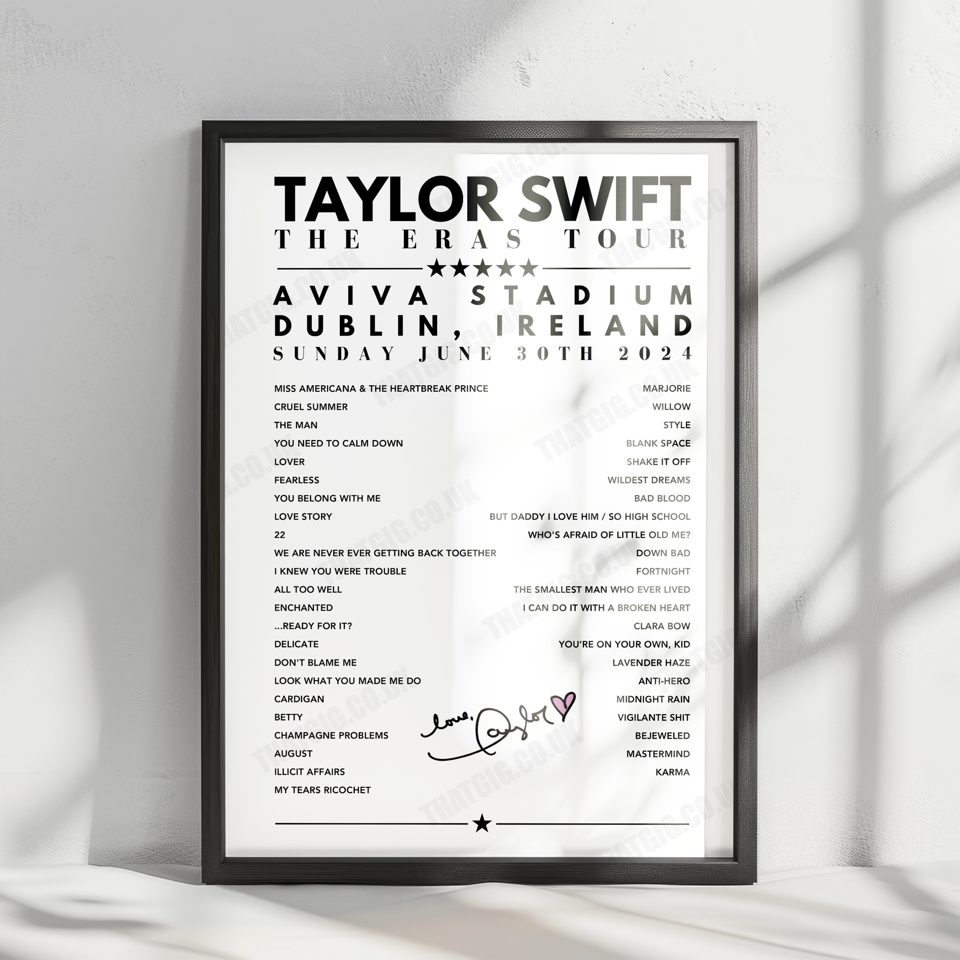 Taylor Swift Setlist Poster - Aviva Stadium, Dublin - June 30th, 2024