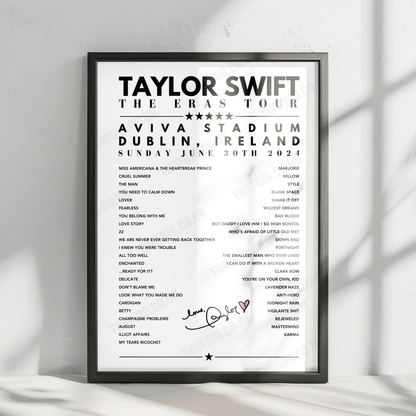 Taylor Swift Setlist Poster - Aviva Stadium, Dublin - June 30th, 2024