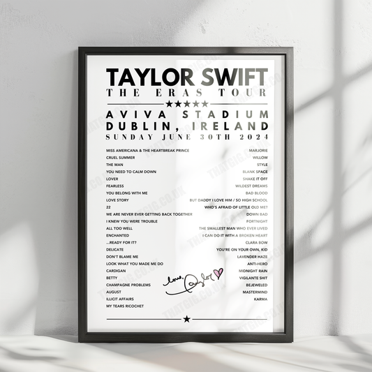 Taylor Swift Setlist Poster - Aviva Stadium, Dublin - June 30th, 2024