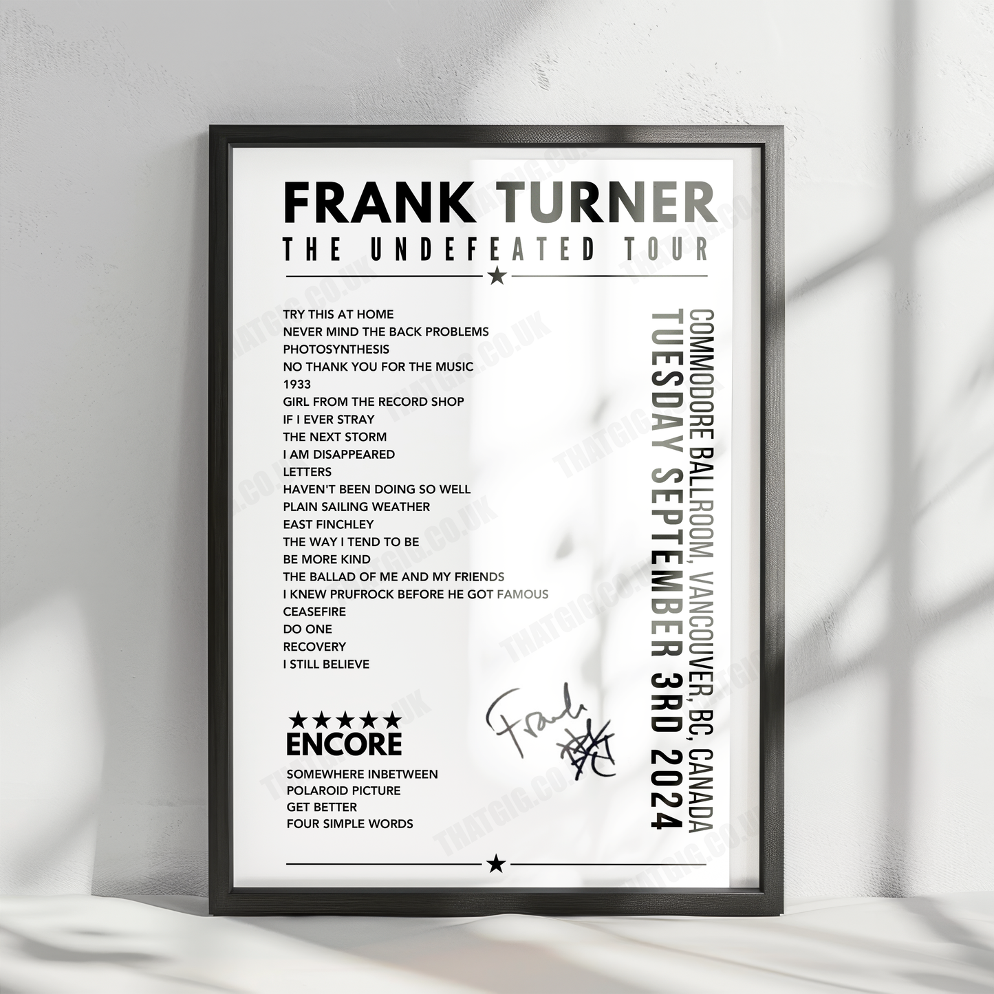 Frank Turner Setlist Poster - Commodore Ballroom in Vancouver, Canada - September 3rd 2024opy)