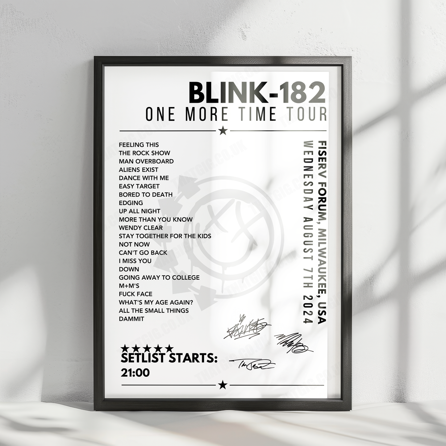 Blink-182 Setlist Poster - Fiserv Forum, Milwaukee - August 7th 2024