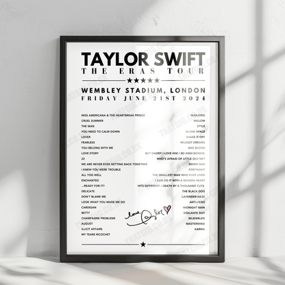 Taylor Swift Setlist Poster - Wembley Stadium, London - June 21st, 2024