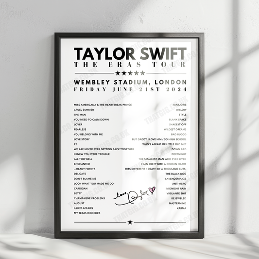 Taylor Swift Setlist Poster - Wembley Stadium, London - June 21st, 2024