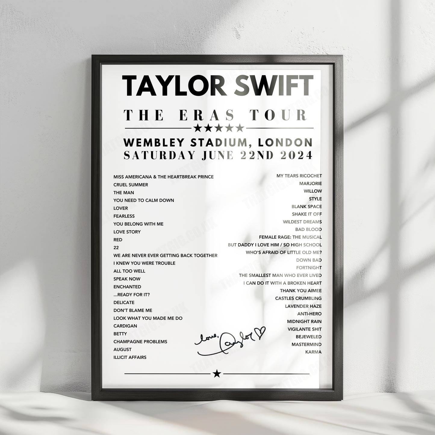 Taylor Swift Setlist Poster - Wembley Stadium, London, June 22nd 2024