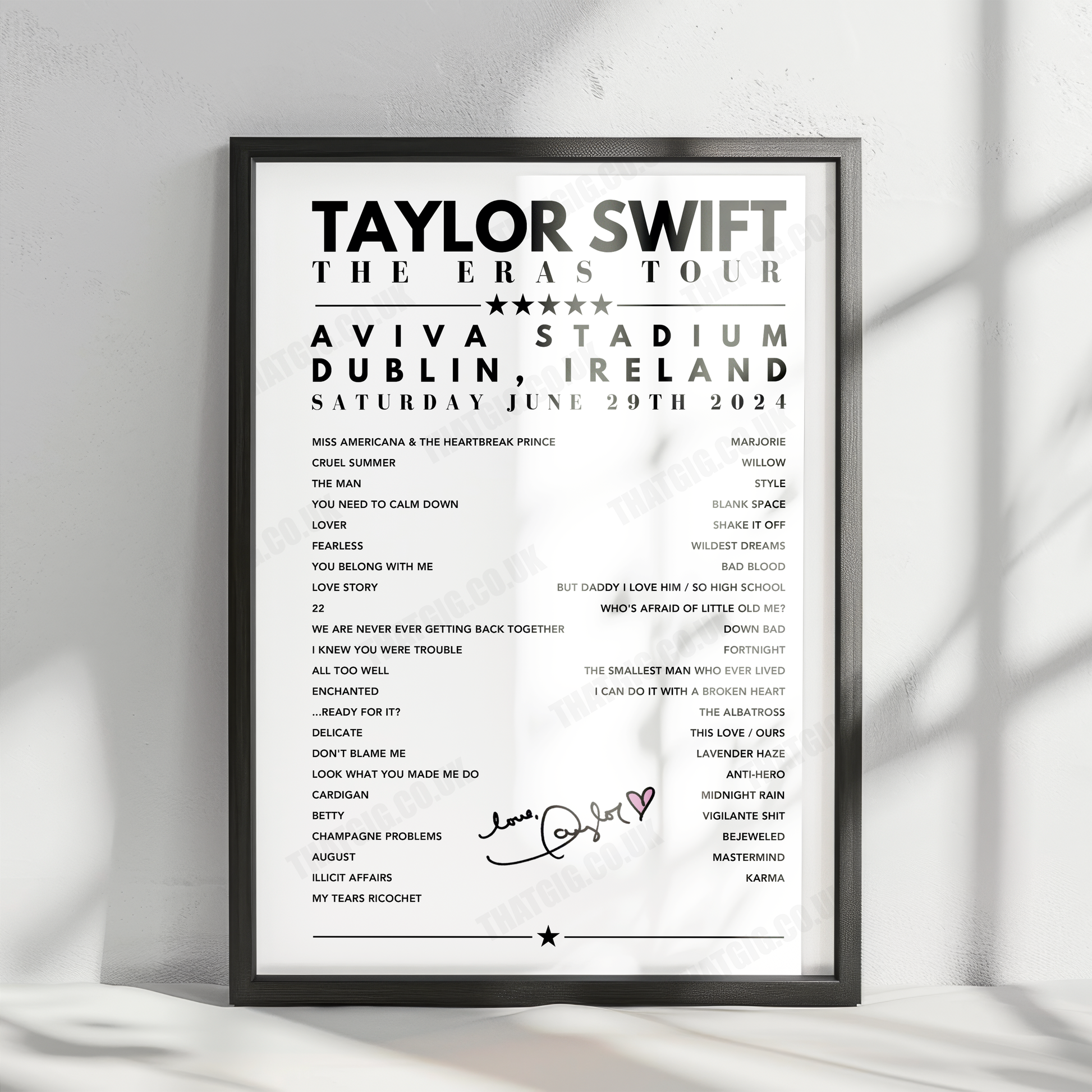 Taylor Swift Setlist Poster - Aviva Stadium, Dublin - June 29th, 2024