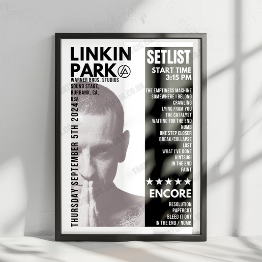 Linkin Park Setlist Poster - Warner Bros Studios - Sound Stage, California on Sep 5th 2024