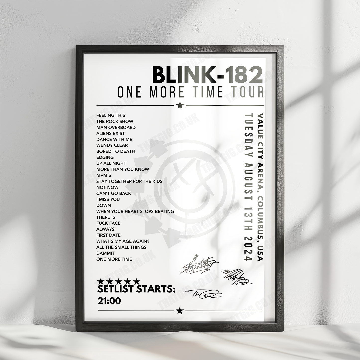 Blink-182 Setlist Poster - Value City Arena, Columbus - August 13th 2024