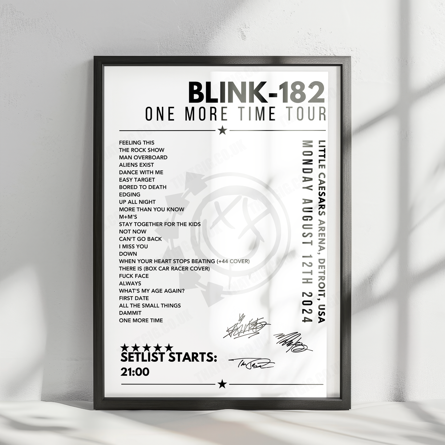 Blink-182 Setlist Poster - Little Caesars Arena, Detroit - August 12th 2024