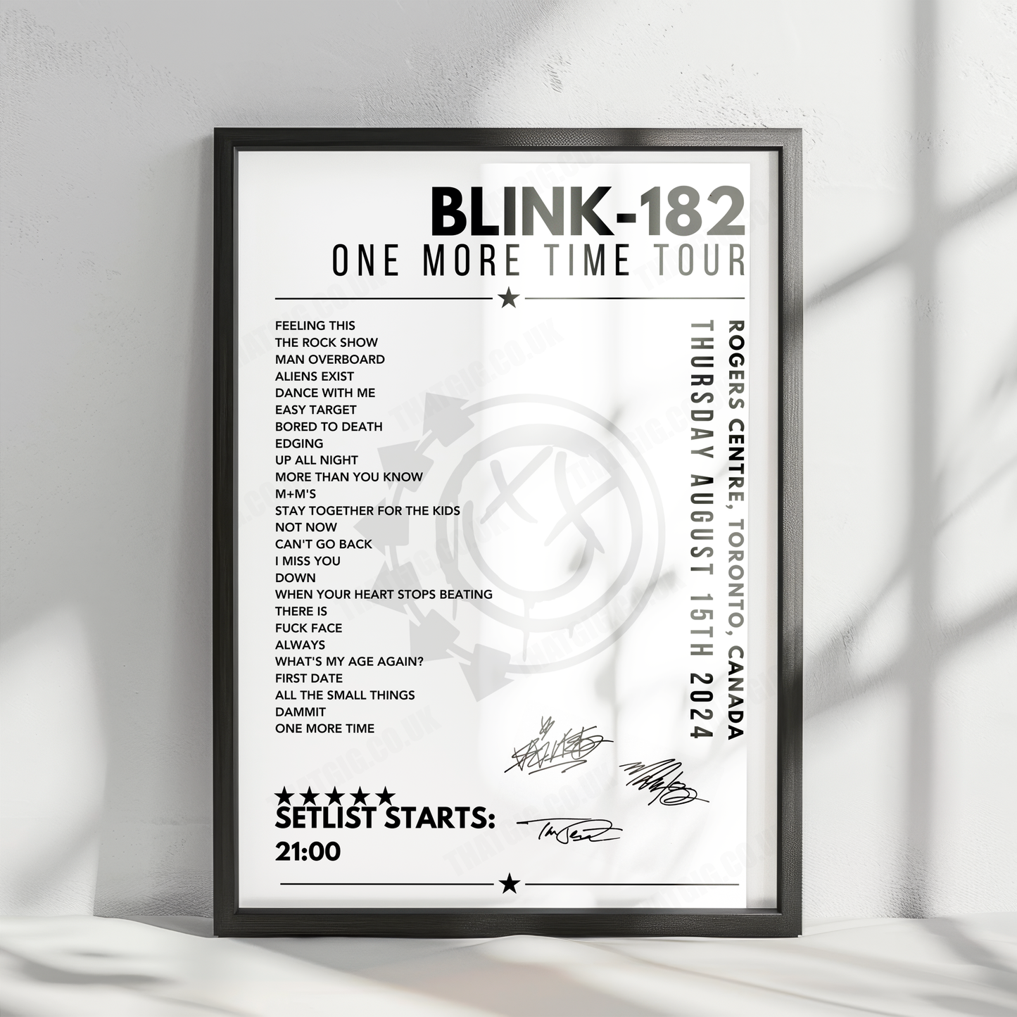 Blink-182 Setlist Poster - Rogers Centre, Toronto - August 15th, 2024