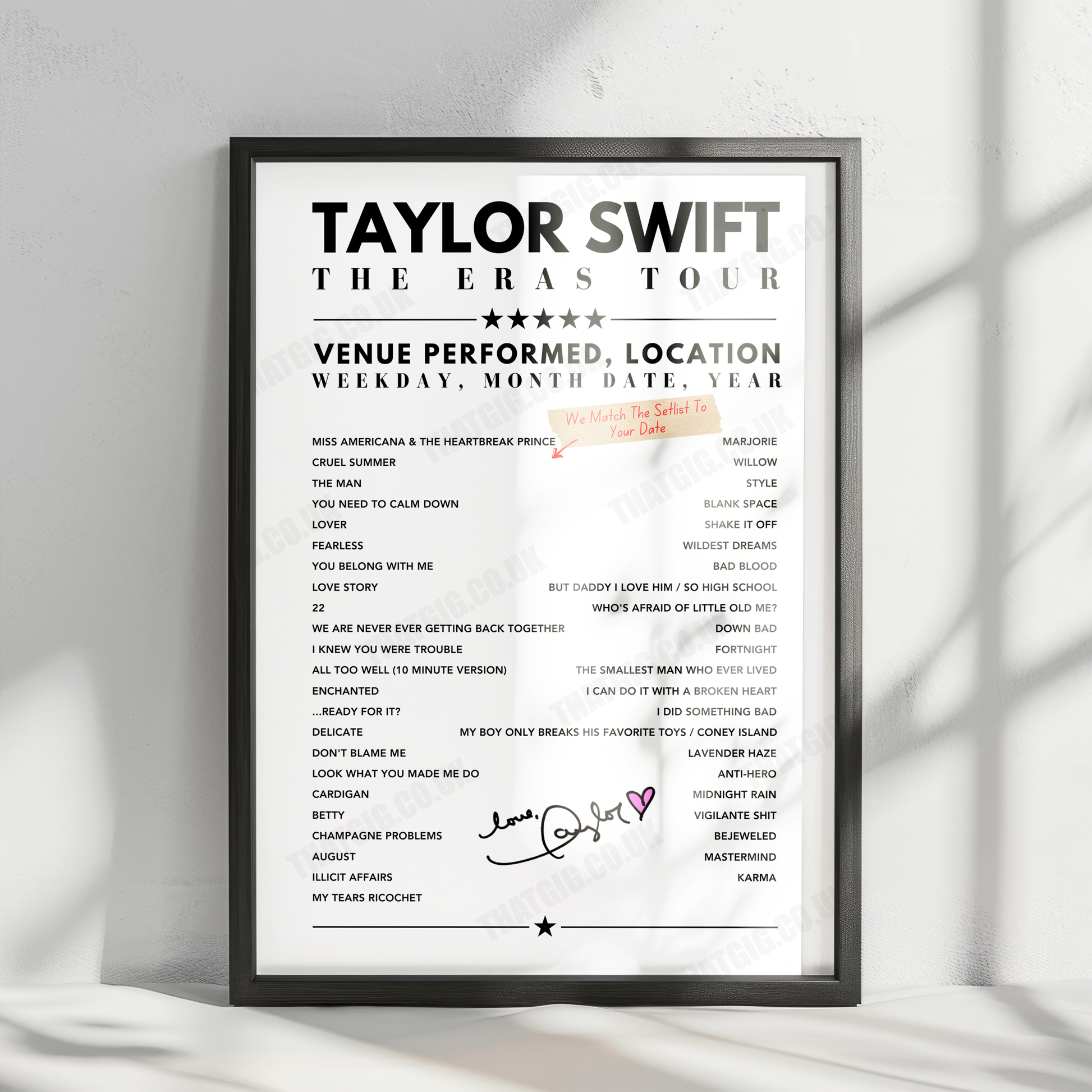 Taylor Swift Setlist Poster - Stadio Giuseppe Meazza, Milan - July 13th, 2024