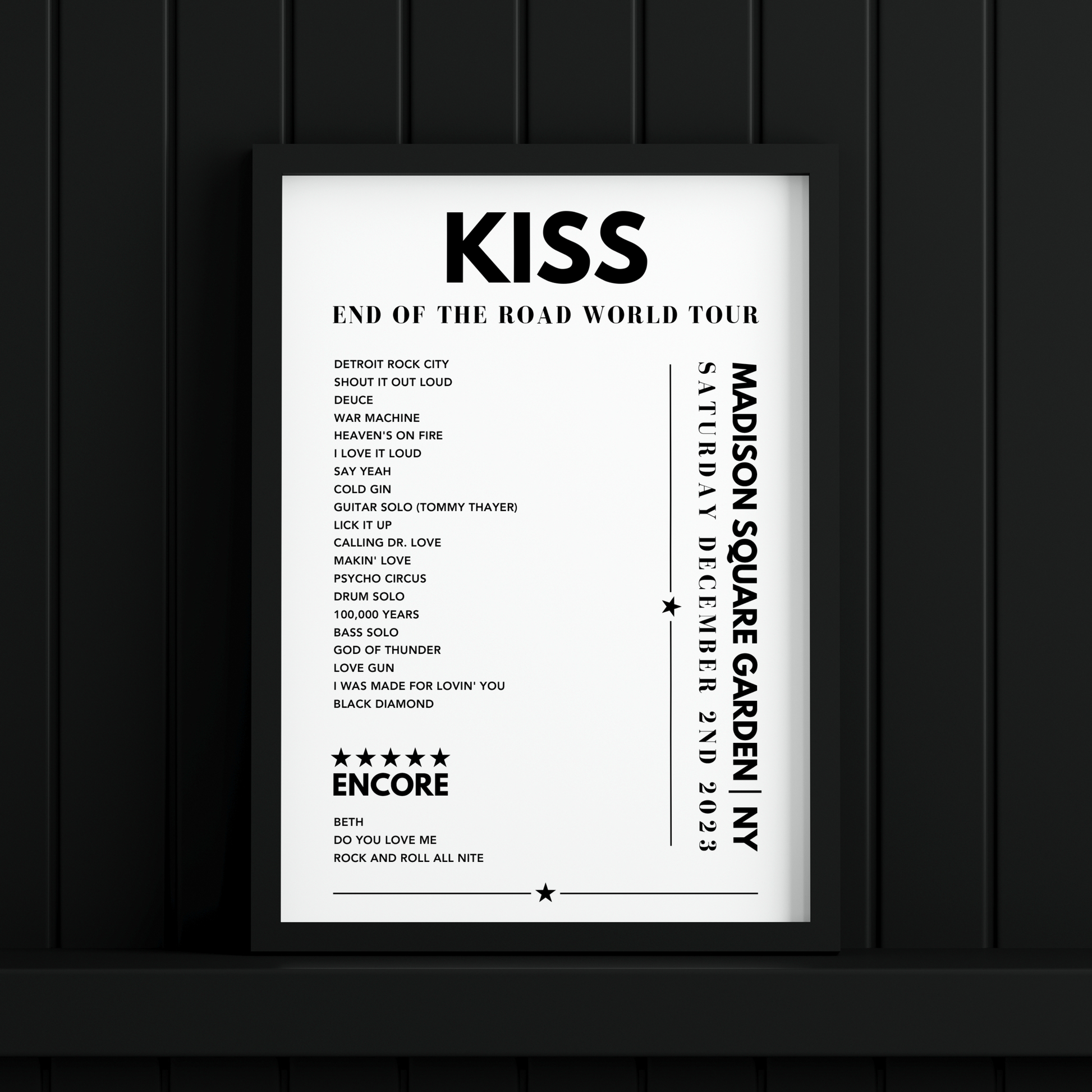 KISS Setlist Poster - Madison Square Garden, NY, December 2nd 2023