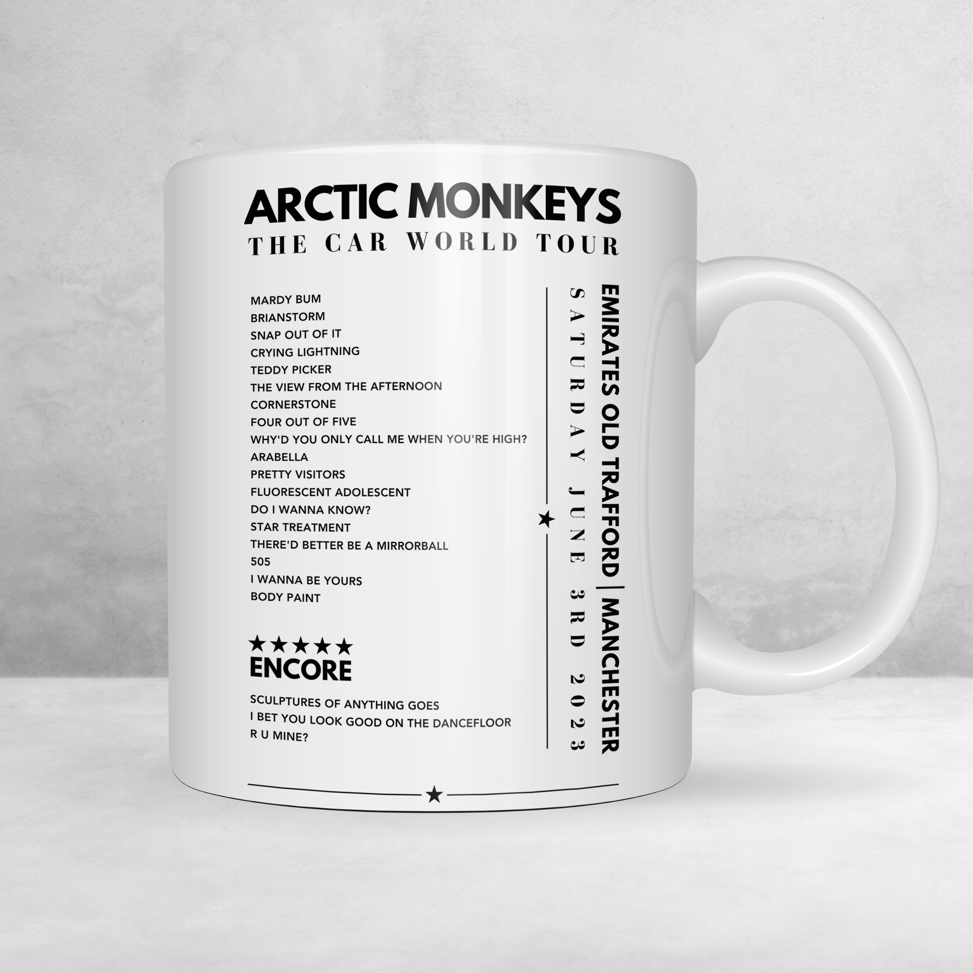 Arctic Monkeys Setlist Mug - Emirates Old Trafford, Manchester on June 3rd, 2023