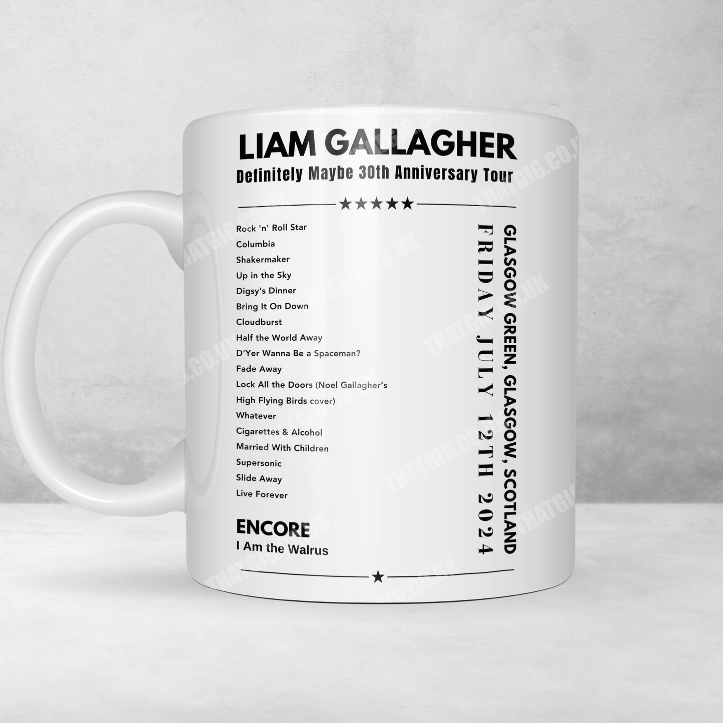 Liam Gallagher Glasgow Green 2024 Setlist Mug - 11oz Ceramic