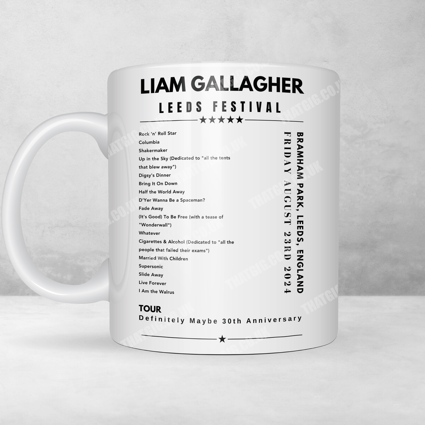 Liam Gallagher Leeds Festival Aug 23rd 2024 Setlist Mug - 11oz Ceramic