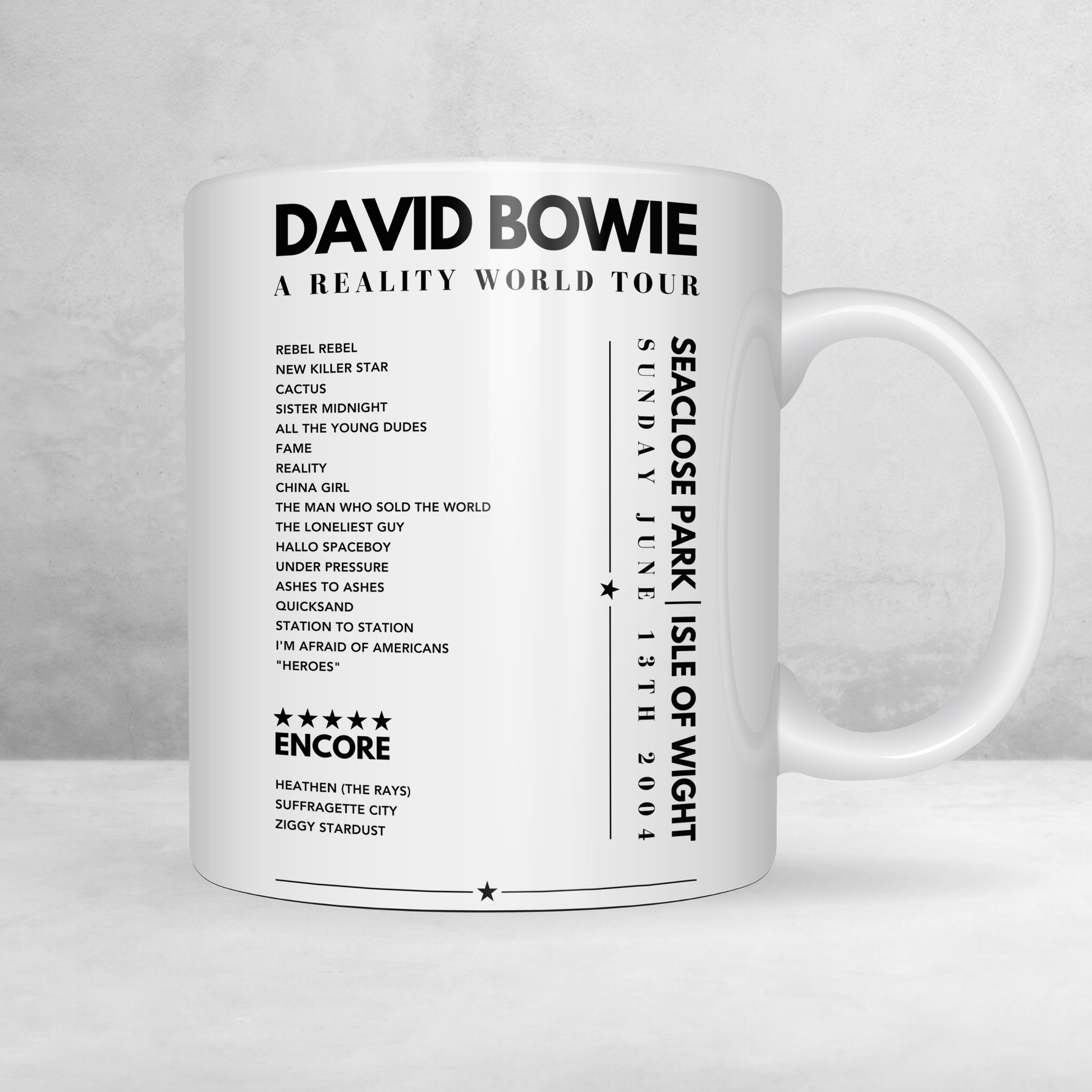 David Bowie Setlist Mug - Seaclose Park, Isle of Wight, on June 13th 2004