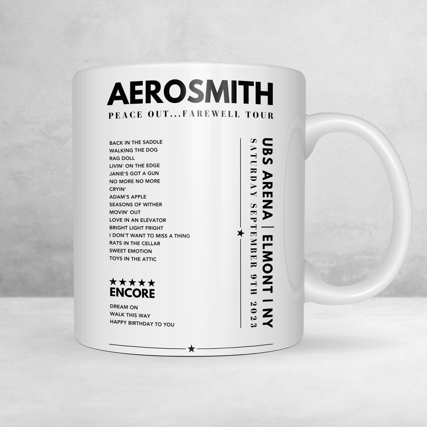 Aerosmith Setlist Mug - UBS Arena, Elmont, NY on September 9th, 2023