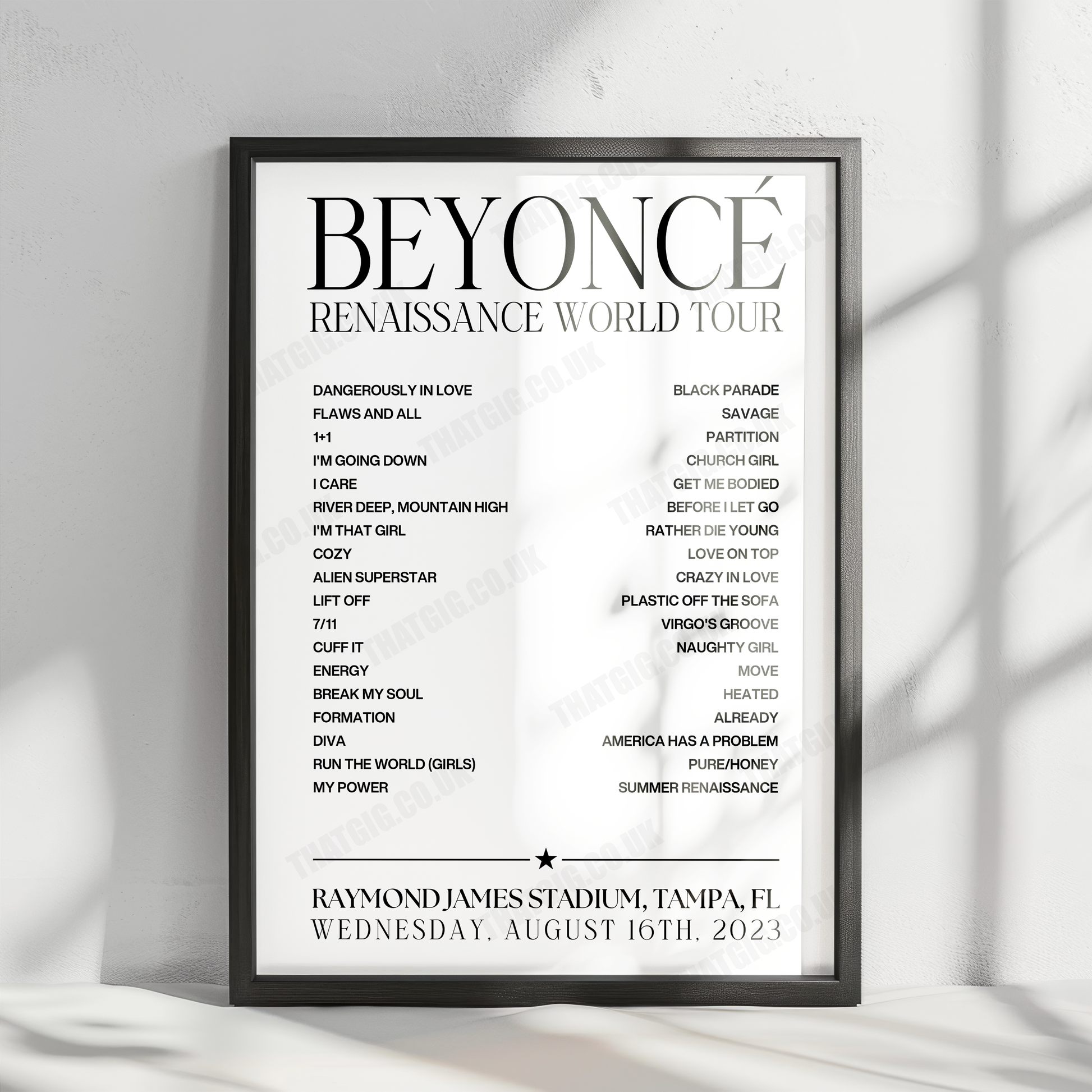 Beyoncé Setlist Poster - Raymond James Stadium, Tampa - August 16th, 2023