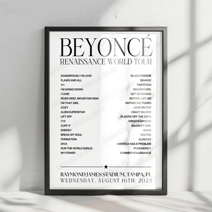 Beyoncé Setlist Poster - Raymond James Stadium, Tampa - August 16th, 2023