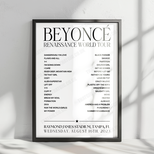 Beyoncé Setlist Poster - Raymond James Stadium, Tampa - August 16th, 2023